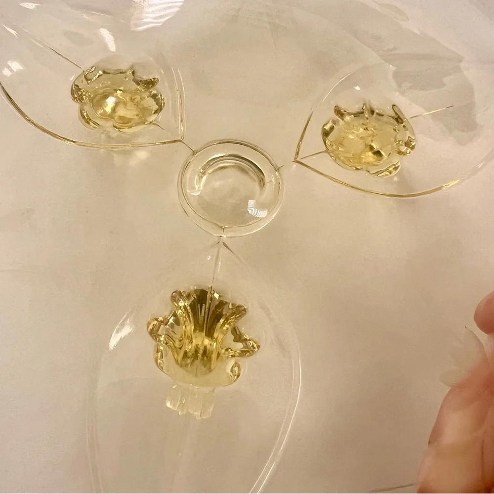 Lancaster Yellow Engraved Flower‎ Glass Petal Footed Dish Bowl Cake Plate 8” Vtg